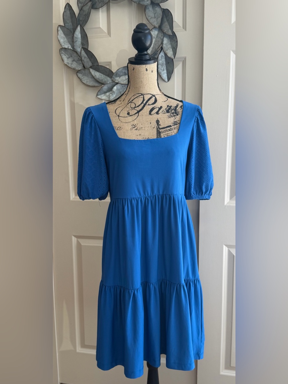 207: BCBG Royal Blue Square-Neck Tiered Dress with Puff Sleeves - Medium